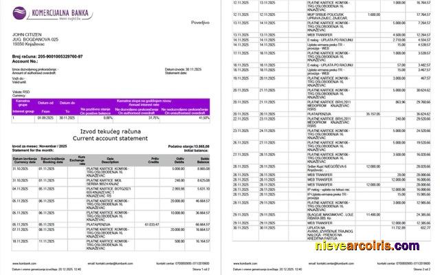 Serbia Komercijalna Banka account statement Word and PDF, 2 pages
